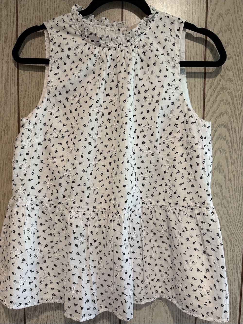 LOFT White Sleeveless Ruffle-Neck Peplum Layered Tank Black Eyelet Print Size S